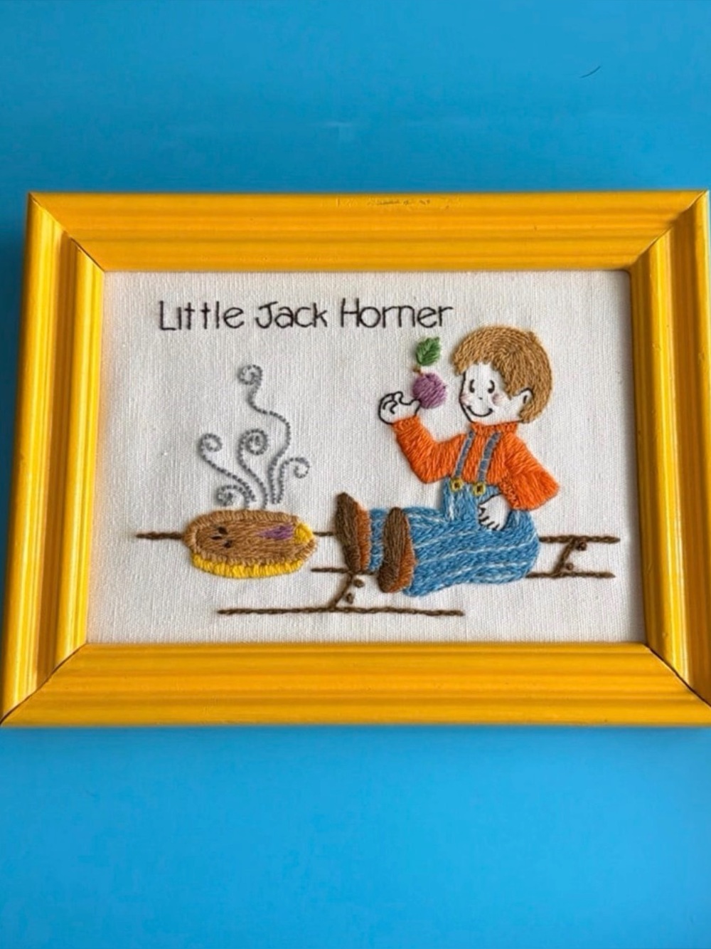 Yellow Framed Vintage Crewel Needlework “Little Jack Horner” Super Clean